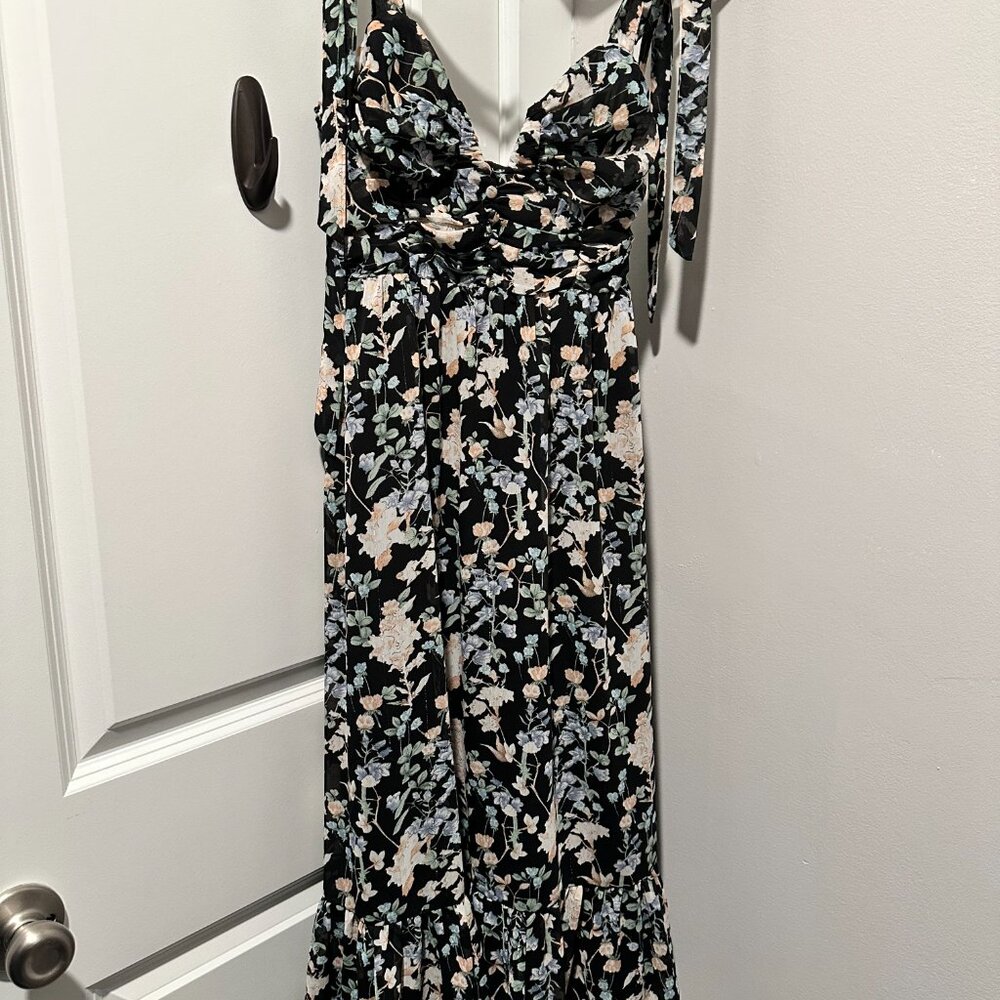 Lulu's Lush Loveliness Black Floral Lurex Tie-Strap Midi Dress - Picture 2 of 3